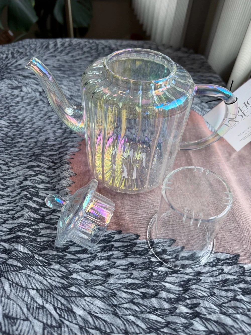 Iridescent Glass Tea Infuser Teapot Rainbow Finish 25 oz Ribbed Clear Loose Leaf